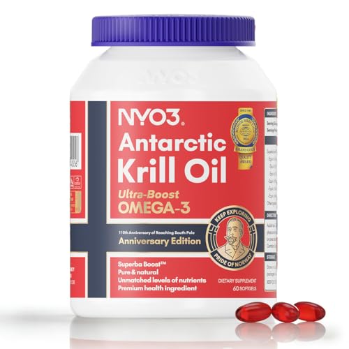NYO3 Aceite de Krill 1000 mg Omega 3 EPA & DHA, aceite de krill antártico puro con astaxantina, apoya el cerebro, la piel y el sistema inmunológico, testado en laboratorio, 60 cápsulas blandas
