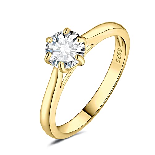 JewelryPalace Classic 0.5ct Round Cut Moissanite Solitaire Engagement Rings for Women, 14K Yellow Gold Plated 925 Sterling Silver Promise Ring for Her, Simulated Diamond Anniversary Wedding Rings 5