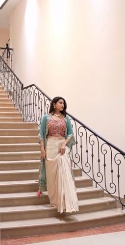 Image of Women Indo Western Dhoti Set with Blouse and Shrug Sequins Embroidery Bandhani Print Ethnic Wear