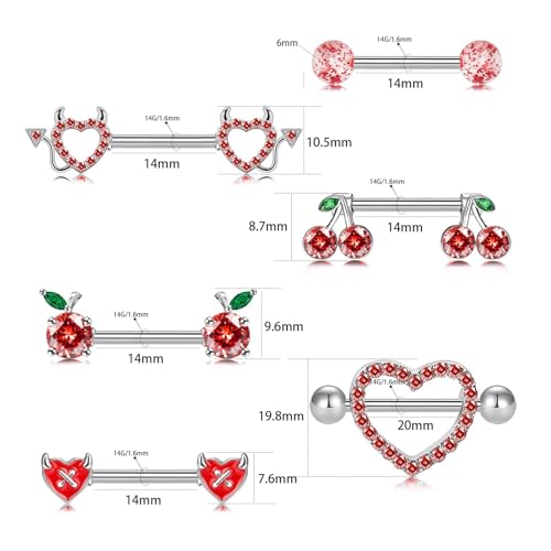 14G Nipple Rings for Women 316L Stainless Steel Heart,Butterfly,Moon,Devil,Flower Nipple Barbell CZ Nipple Rings Set Nipplerings Piercing Jewelry2