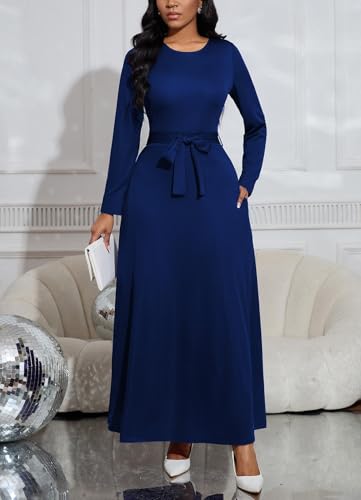 Image of BubFee Long Dress for Women Casual Long Sleeve Dresses Maxi Dress Empire Waist Loose with Belt