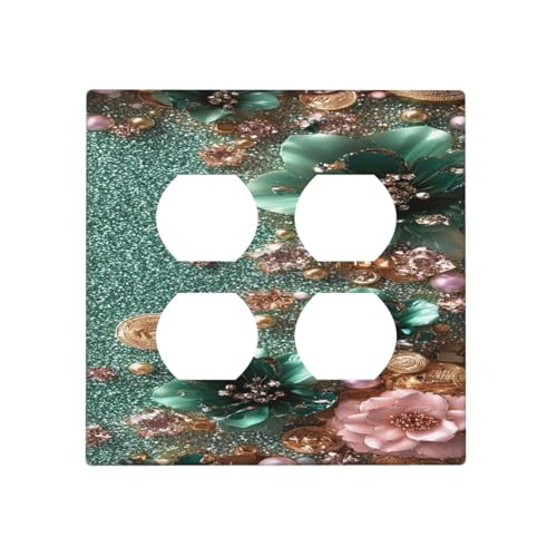 Decorative Outlet Covers Bling Green Rose Flowers Crystal Rhinestone Glitter 2 Gang Wall Plate Cover Double Duplex Receptacle Two Switch Light Switch Cover Plate Jumbo Dual Faceplate