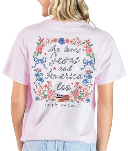 La Mejor Selección de Sheer Love de esta semana. 10 Simply Southern She Loves Jesus and America Too - Floral - Lazos - Bandera - playera para adultos, Peonía, X-Small