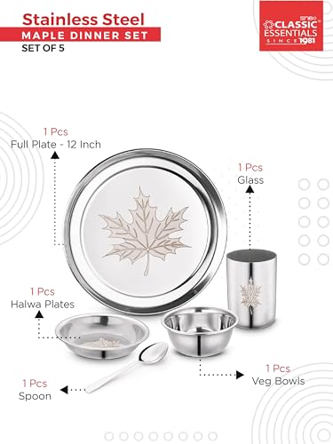Image of Classic Essentials Stainless Steel Dinner Set|Heavy Gauge|Kitchen Set|Permanent Laser-Maple (Set of 5)