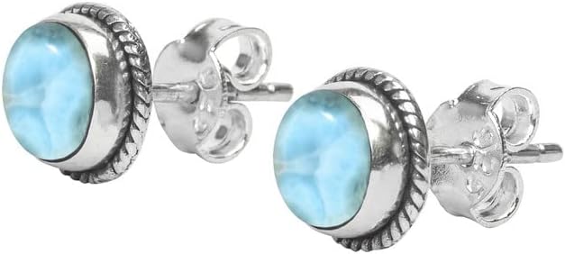 AvicraftsLarimar Stone Stud Post Earrings, 925 Sterling Silver Gemstone Earring 6 MM Round Girl Women Gift
