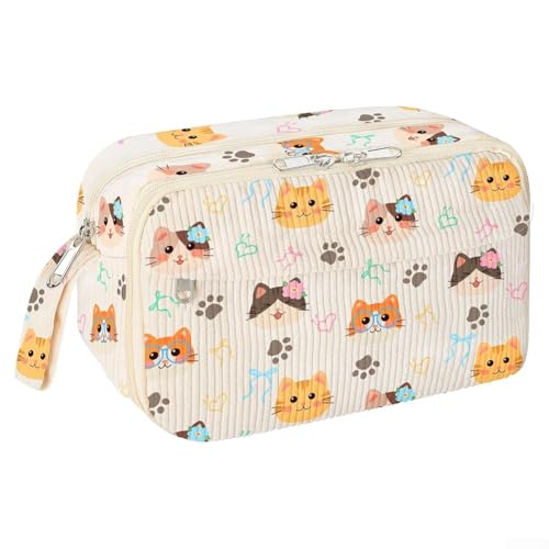 Estuche de pana de moda con múltiples compartimentos, perfecto para organizar suministros escolares, maquillaje y pequeños dispositivos (lindo gatito)