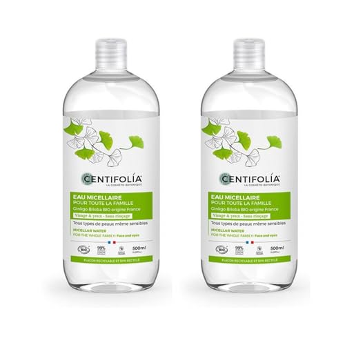 CENTIFOLIA | Eau Micellaire | Nettoyante & Démaquillante | Élimine le maquillage Waterproof | Peau Propre & Confortable | Peaux Même Sensibles | 99% Naturel | Fabriqué en France | Lot de 2x500 mL