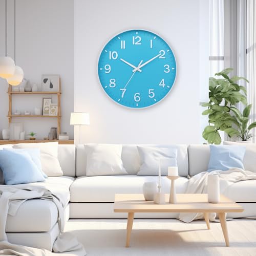 Image of HZDHCLH Wall Clock 3D Numbers Wall ClockBattery-Powered 12-inch Silent Non-Tick Modern Wall Clock for Living Room, Bedroom, Kitchen, and Office Decoration (Blue and White)