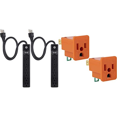 GE 6 Outlet Power Strip 2 Pack & Polarized Grounding 2 Pack, Turn 2 3-Prong, Easy to Install, Indoor Only, UL Listed, Orange, 14404 Outlet Adapter