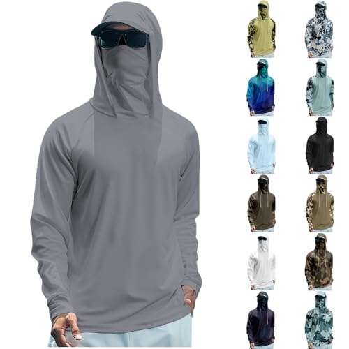 Bakgeerle Men's Upf 50+ Sun Protection Shirt with Mask Lightweight Long Sleeve Hooded Cooling Hiking Fishing Performance Shirts Camisas Para Hombres Golf Hoodies for Men Fishing Masks for Men