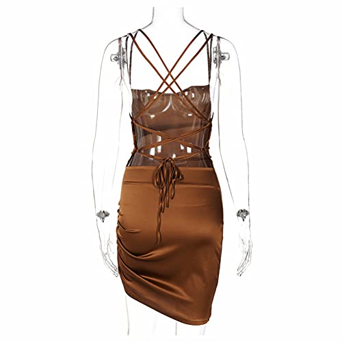 Image of JUMISEE Women Satin Ruched Lace Up Bodycon Mini Dress Sexy Backless Spaghetti Strap Party Dress for Cocktail Clubwear