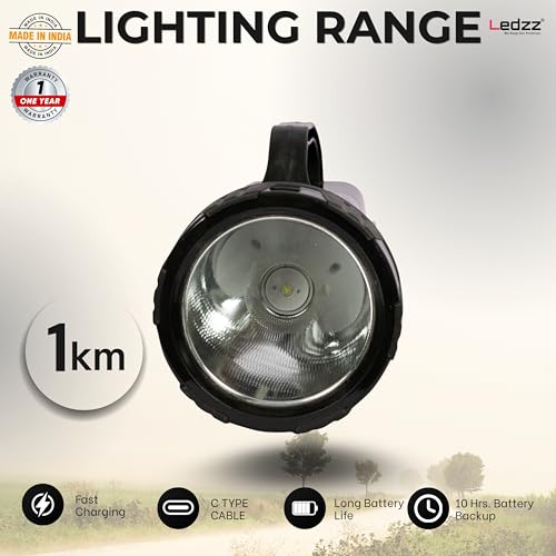 Image of Heavy-Duty Rechargeable LED Torch - 6000mAh Lithium Ion Battery, 75W Super Bright Long Range Flashlight with Side LED Work Light - 10 Hour Backup, Type-C Charging, 12-Month Warranty (Black)