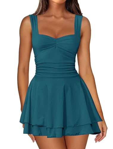 Image of IWD Women's Square Neck Sleeveless Mini Dress Ruched Waist Tiered Ruffle Hem A Line Short Dresses