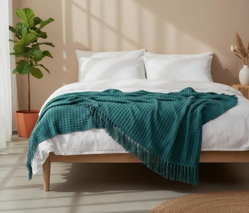 Image of 100% Cotton Waffle Weave Sofa Throw Blanket 50x60 Inches or 125x150 cms Lightweight, Soft & Breathable Couch, Bed or Chair Throw Blanket for Living or Bedroom, Turquoise Blue
