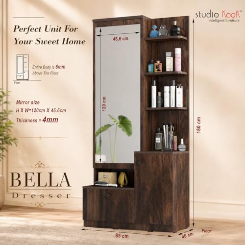 Image of Studio Kook Bella Dressing Table with Mirror and Storage, Junglewood | Engineered wood, Full-length mirror, Soft-close hinges, 30kg telescopic drawer, Open shelves + cabinet storage, Matte finish