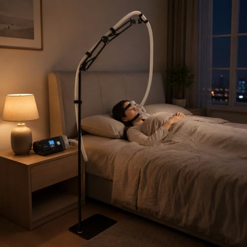 CPAP Schlauchhalterung - Anti-Verwirrung Höhe & Winkel verstellbar 360 Clip Kompatibel mit Löwenstein & ResMed Zubehör für CPAP Masken & Seitenschläfer (Metall)