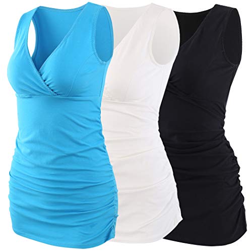 KUCI Maternity Nursing Tank Top, Women Maternity Pajama Tops Nursing Cami Sleep Bra for Breastfeeding (M, Black+Lake Blue+White/3Pack)