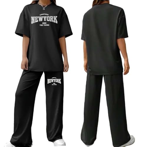 Image of My Swag Women's New York Graphic Loungewear Set, Cotton Short Sleeve T-Shirt and Pants