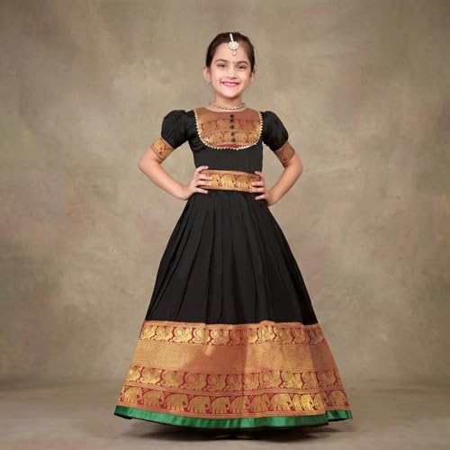 Image of Girls Silk Pattu Gown for Kids Traditional South Indian Long Ethnic Dress | Baby Girl Festival Pavadai Sattai Style Party Wedding Birthday Special Occasion Outfit