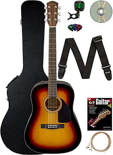 Fender CD-60 Dreadnought Acoustic Guitar - Sunburst Bundle with Hard Case, Strap, Tuner, Strings, Picks, Instructional Book, and Austin Bazaar Instructional DVD