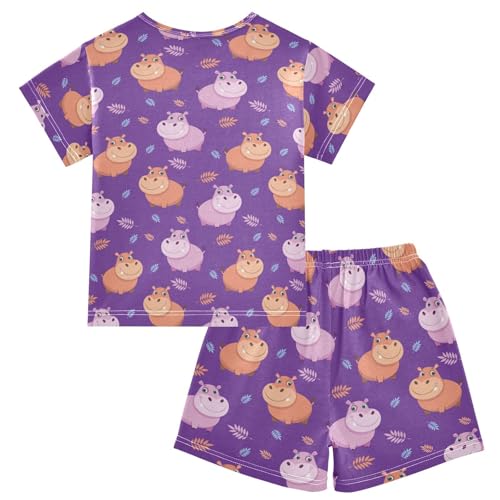 Pajama Short Sets Cute Hippo Purple Soft Cotton Summer Sleepwear 2 Piece PJS Size 5-14T2