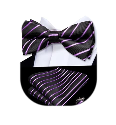 Image of Dubulle Mens Paisley Striped Bowtie Set Pre-tied Bowtie for Men and Pocket Square Set Wedding Business