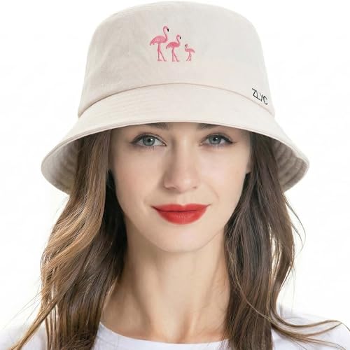 ZLYC Mujer Hombre Sombrero Pescador Sombrero del Cubo Algodón Gorro de Pescador(Flamenco Beige),Talla única