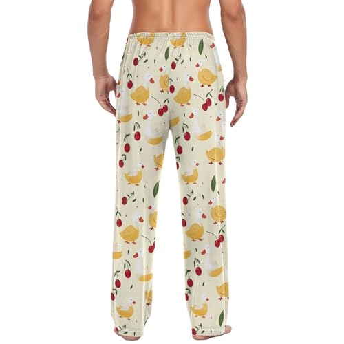 Men’s Cherries Ducks Pajama Pants with Pockets, Comfortable Lounge Sleep Bottoms#1812