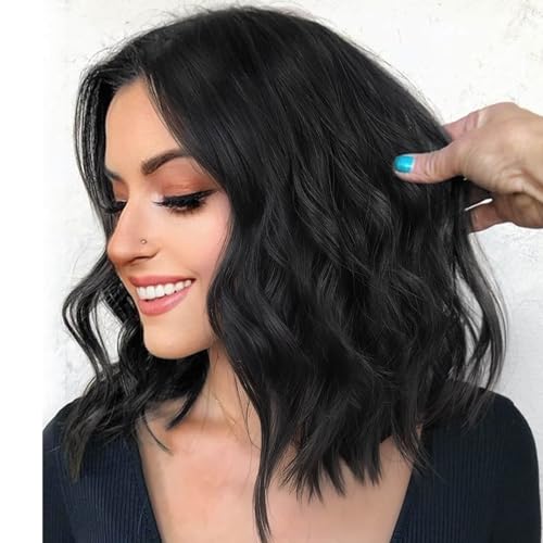 Black Short Wavy Wig for Women Lace Hairline Bob Style Synthetic Heat Resistant - Natural Appearance for Everyday Hairstyle 14 Inch