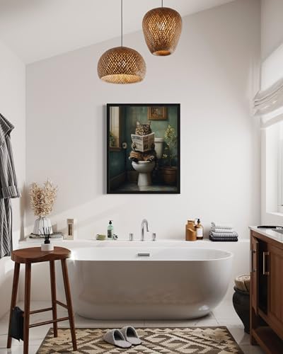 Image of Cat on Toilet Black Framed Wall Art Print Poster, Dog Bathroom Humor Decor Posters Prints for Restroom Home Picture Painting Artwork Gallery 7 (Cat, 20 inchL x 16 inchW, Black Frame)