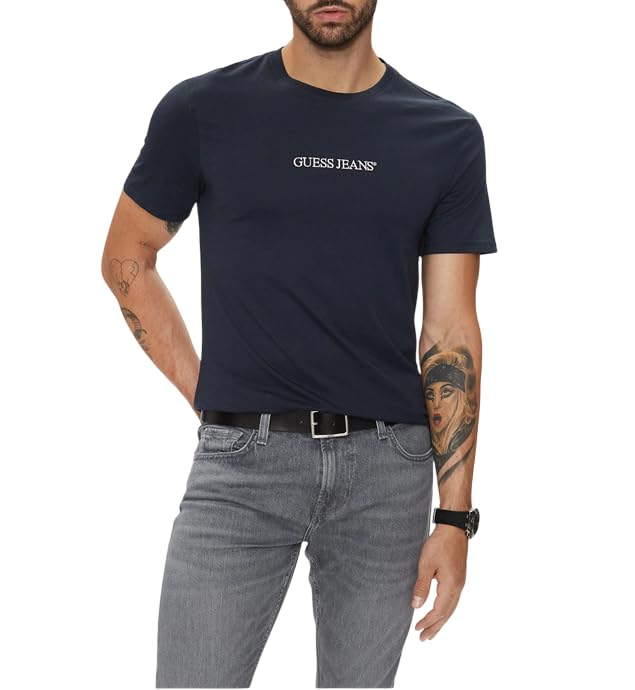 T-shirt slim GUESS mode homme logo brodé col rond noir