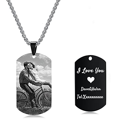 Engraved Stainless Steel Couples Picture Dog Tag Pendant Necklace|Custom Dog Tag Picture Necklaces for Women|Custom Picture Message Pendant Family Memorial Necklace Black