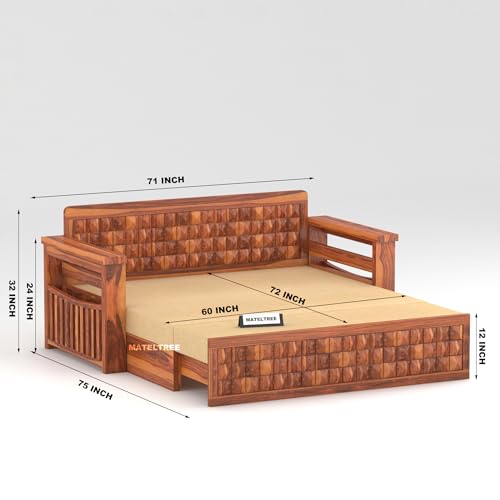 Image of Sheesham Wooden Sofa Cum Bed for Living Room with Side Pocket Storage - 3 Seater Sofa Cum Bed with Storage - 3 Person Sofa Cum Bed Wooden with Premium Cushion Seating (Honey F)