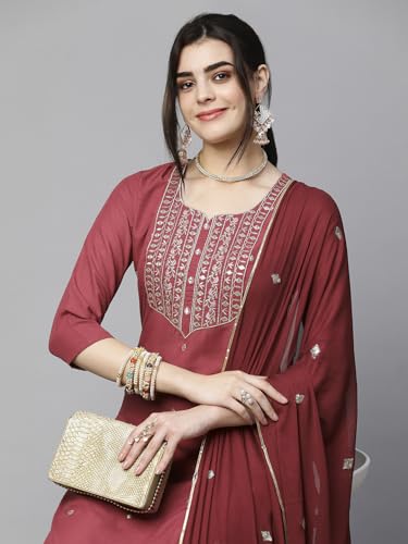 Image of GoSriKi Women's Cotton Blend Embroidered Kurta Set with Pant & Dupatta - Straight Calf‑Length, 3 /4 Sleeve, Round Neck - Elegant Ethnic Attire (5 Colors, S-5XL)