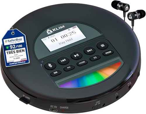 KLIM Nomad - Nouveaut&eacute; - Lecteur CD Portable - Batterie Int&eacute;gr&eacute;e Longue Dur&eacute;e - avec &Eacute;couteurs - Compatible CD-R, CD-RW, MP3 - Bluetooth Baladeur Lecteur CD pour Voiture, Maison, Ext&eacute;rieur - Noir