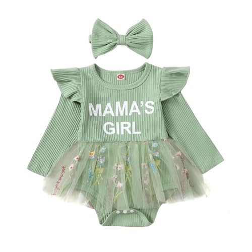 Baby Girl Fall Clothes Cute Long Sleeve Mesh Tutu Romper Dress Infant Newborn Dress (MAMA'S GIRL-Green, 6-12 Months) - Main Image