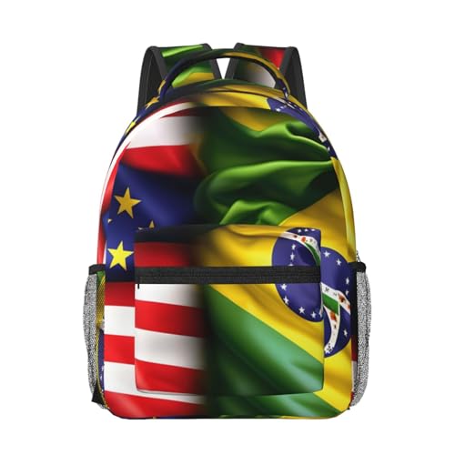 American And Brazilian Flags Print Travel Backpack Carry On Flight Approved,Water-Resistant Laptop Backpack For Men Women