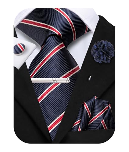 Image of Hi-Tie Navy and Red Striped Ties for Men Formal Necktie and Pocket Square Lapel Pin Silver Tie Clip Cufflinks Set Wedding Business 6PCS