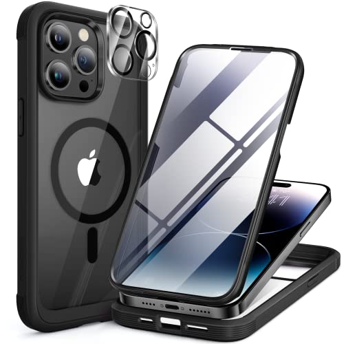 Miracase Glass Series Designed for iPhone 14 Pro Max Case 6.7 Inch, Upgrade Full-Body Magnetic Case with Built-in 9H Tempered Glass Screen Protector, with Camera Lens Protector, Magnetic Black