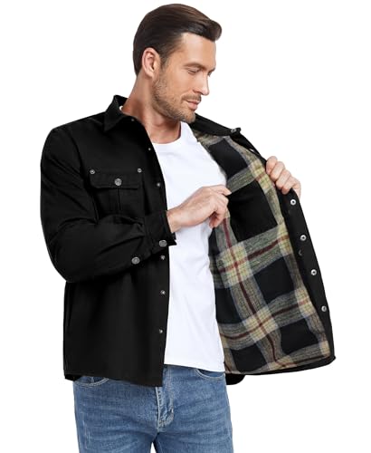 PEGENO Men Shirt Jackets Long Sleeved Casual Button Down Coat Flannel Plaid Lined Shacket3