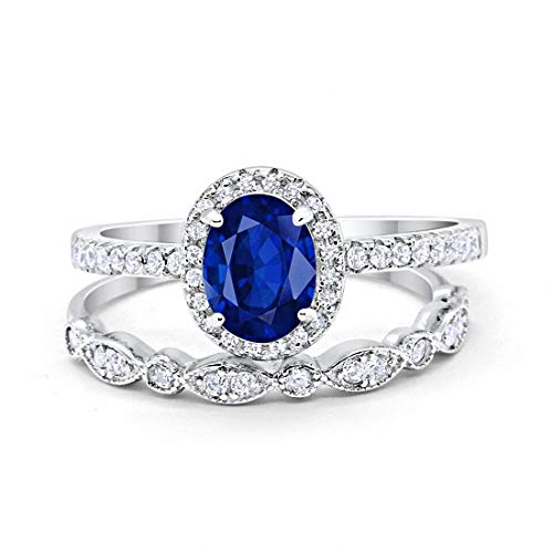 Halo 2-Piece Art Deco Wedding Engagement Bridal Set Ring Band Oval Round Simulated Blue Sapphire Cubic Zirconia 925 Sterling Silver Size-10