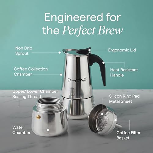 Image of Stainless Steel Stovetop /Induction Top Moka Pot Coffee Maker, 200 ml (4-Cup), Italian-Style Espresso Maker, Coffee Percolator with Heat Resistant Handle, Silver