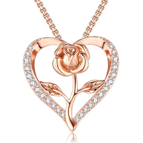 Lyniuoy Collier Femme en Cœur Rose Plaqué Or Rose 18 Carats, Bijoux Femme, Pendentif Romantique Cadeau-Idées Uniques pour Anniversaire, Fête des Mères,...