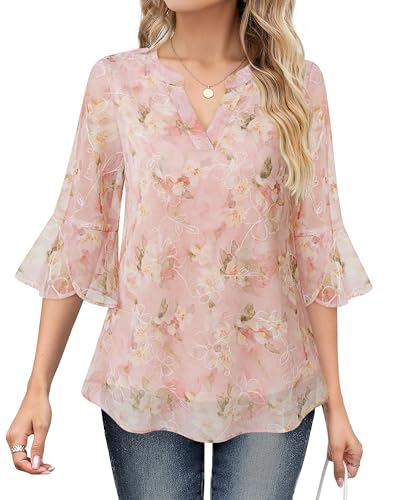 VALOLIA Womens 3/4 Sleeve Tops Dressy Casual Chiffon Blouses Floral Print V-Neck Work Office Shirts3