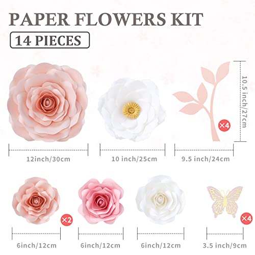 Paper Flowers Decorations For Wall, Giant 3D Handmade Artificial Flowers Bouquet With Leaves And Butterflies, 14 Pc. Kit, Elegant Baby Girl Room Decor Nursery, Wedding And Baby Shower Décor (Pink Set) #TOP5