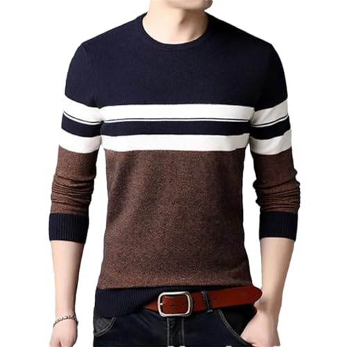 Men's Round Neck Casual Sweater Solid Color Striped Patchwork Long Sleeve Knit Top4