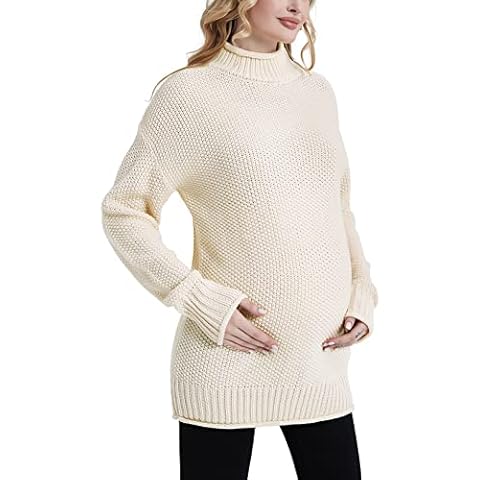 MOMOOD Maternity Turtleneck Sweater Long Sleeve Loose Knitted Oversized Pullover Pregnant Sweater Top, Apricot, Small Cover