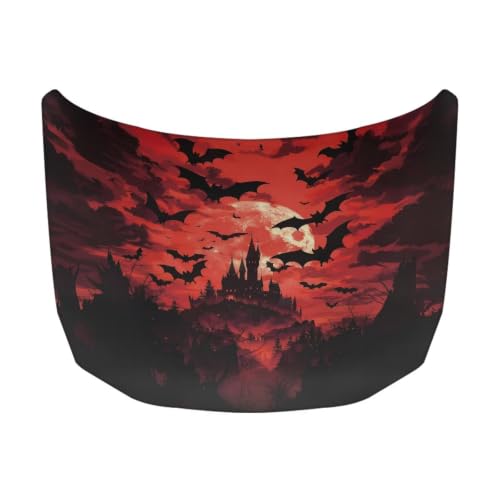 Image of Spooky Castle Halloween Print Car Hood Cover Stretchable Auto Hood Wrap Blankets Waterproof Automotive Halloween Outdoor Decorations for Compact Sedans SUV Trucks Van