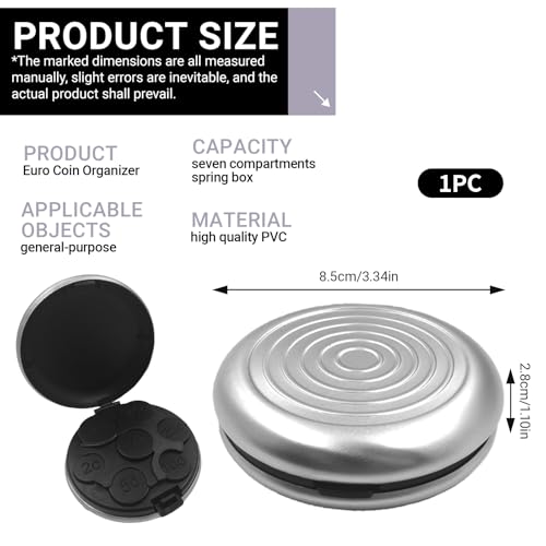 Zerquell Monedas Monedero Euro, Smart Wallets, Portátil Monedero Cambio, 7 Dispensadores, Organizador Estuche Duro Almacenaje para Monedas para Coche, Carteras, Bolsillos (Plata) - imagen 2