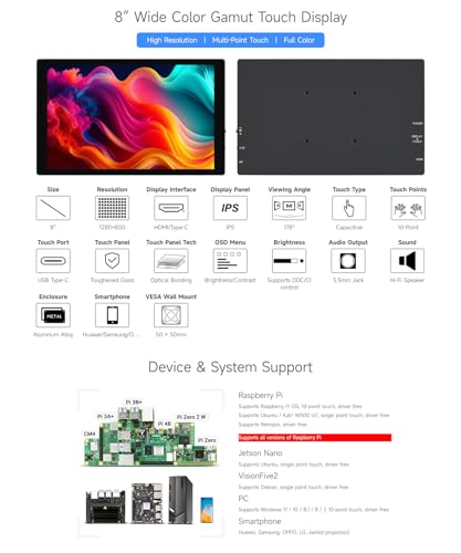 Image of Waveshare 8inch Capacitive Touch Display, 1280x800 Resolution, Supports All Versions of Raspberry Pi, Supports Jetson Nano, VisionFive2, PC and Smartphone